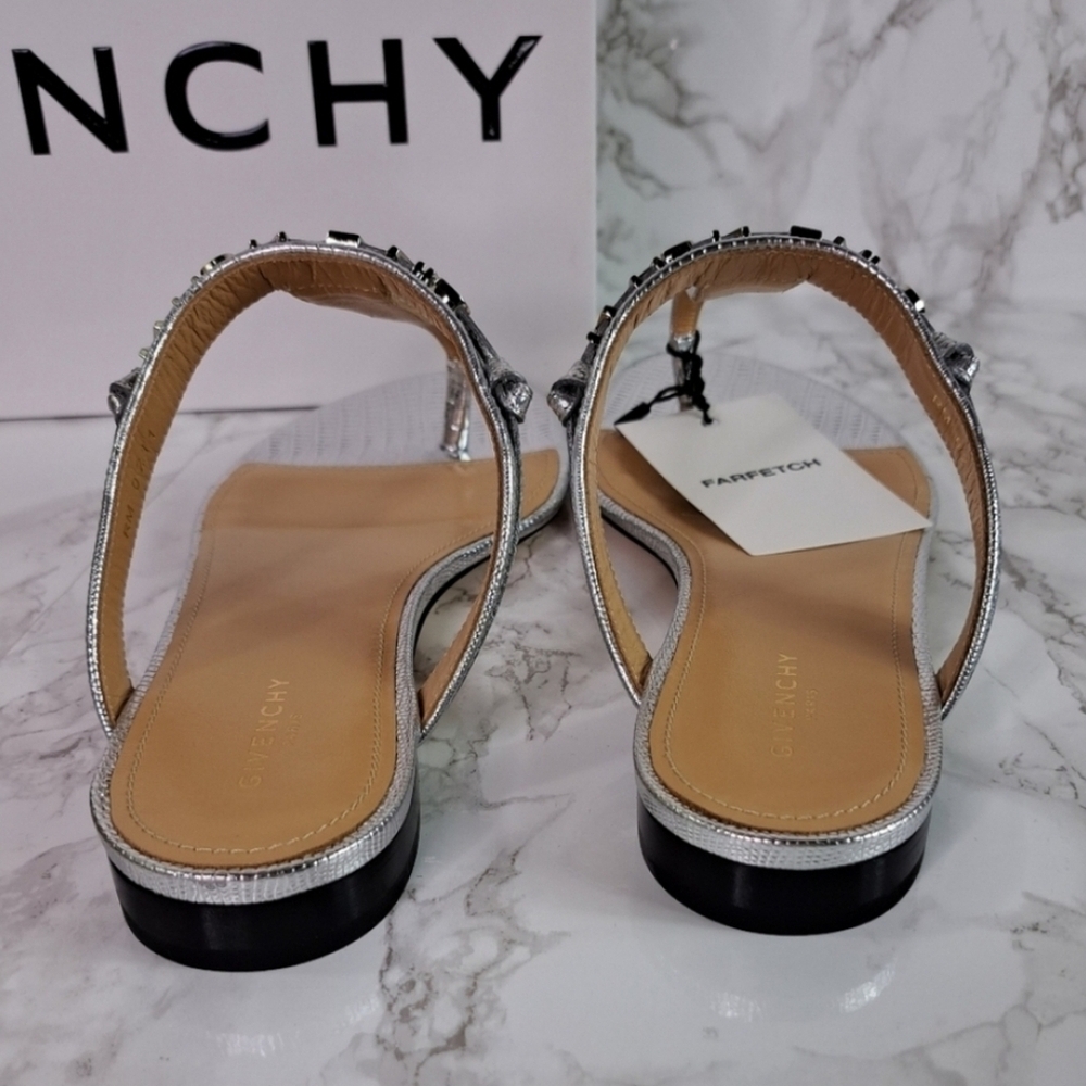 Givency Elba Lizard Embossed Silvery Metallic Leather Thong Sandals Size IT 38.5 - Picture 4 of 11